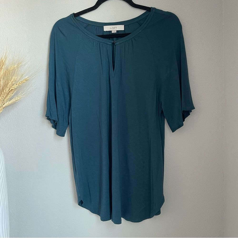 LOFT Women's Dark Teal Short Sleeve Keyhole Blouse - Size L
